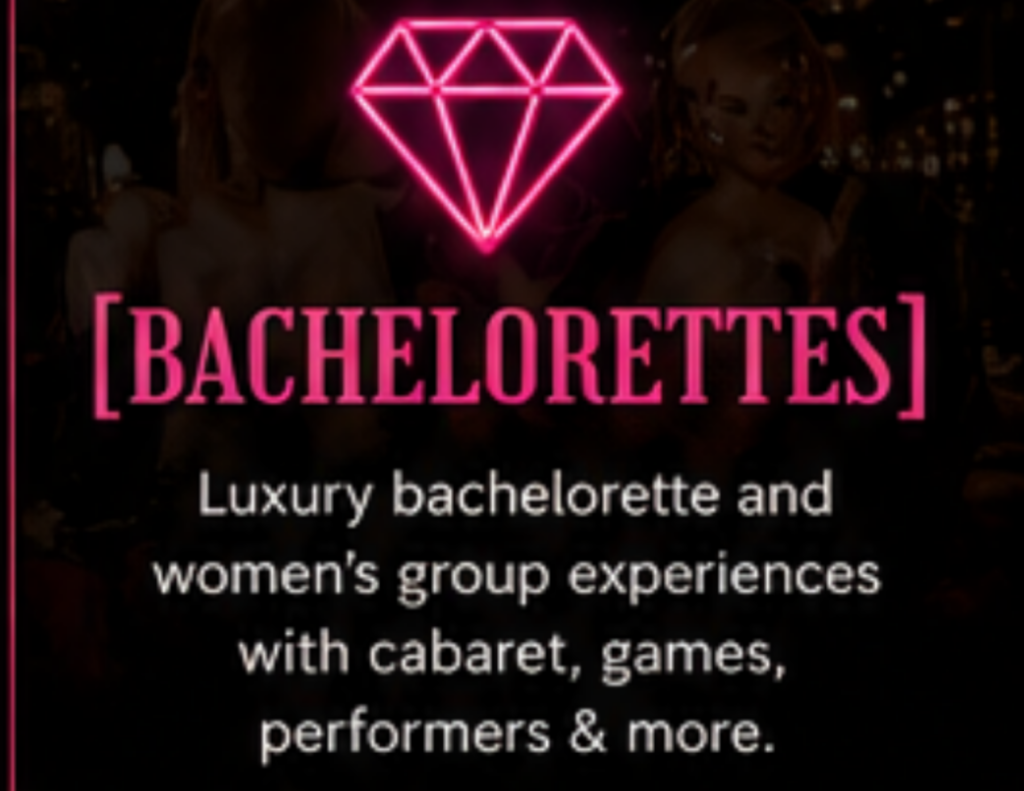 Chicago burlesque bachelorette party graphic with neon pink diamond icon promoting luxury bachelorette parties and women’s group cabaret experiences in Chicago.