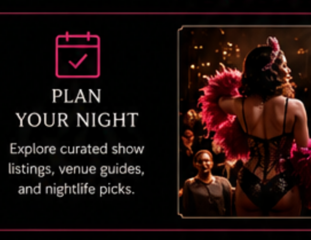 Chicago burlesque nightlife planning graphic with neon pink calendar icon and performer on stage promoting curated show listings, venue guides, and nightlife recommendations in Chicago.