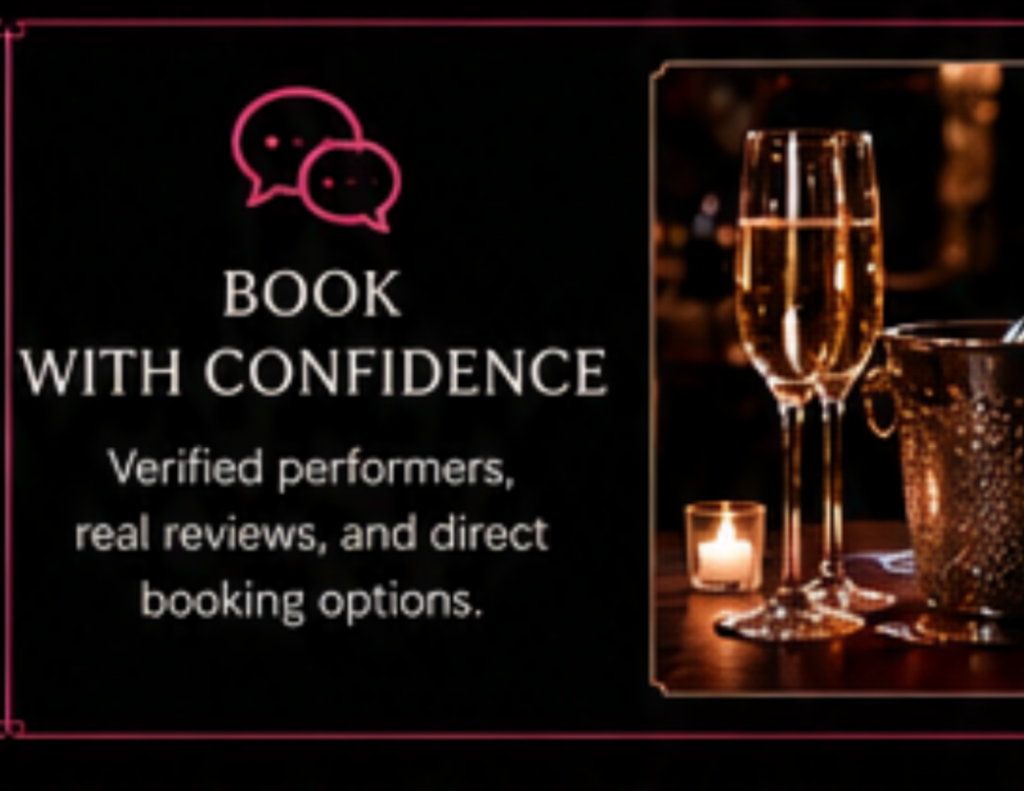 Chicago burlesque booking graphic with neon pink chat icon and champagne glasses promoting verified performers, real reviews, and direct booking for Chicago burlesque entertainment.