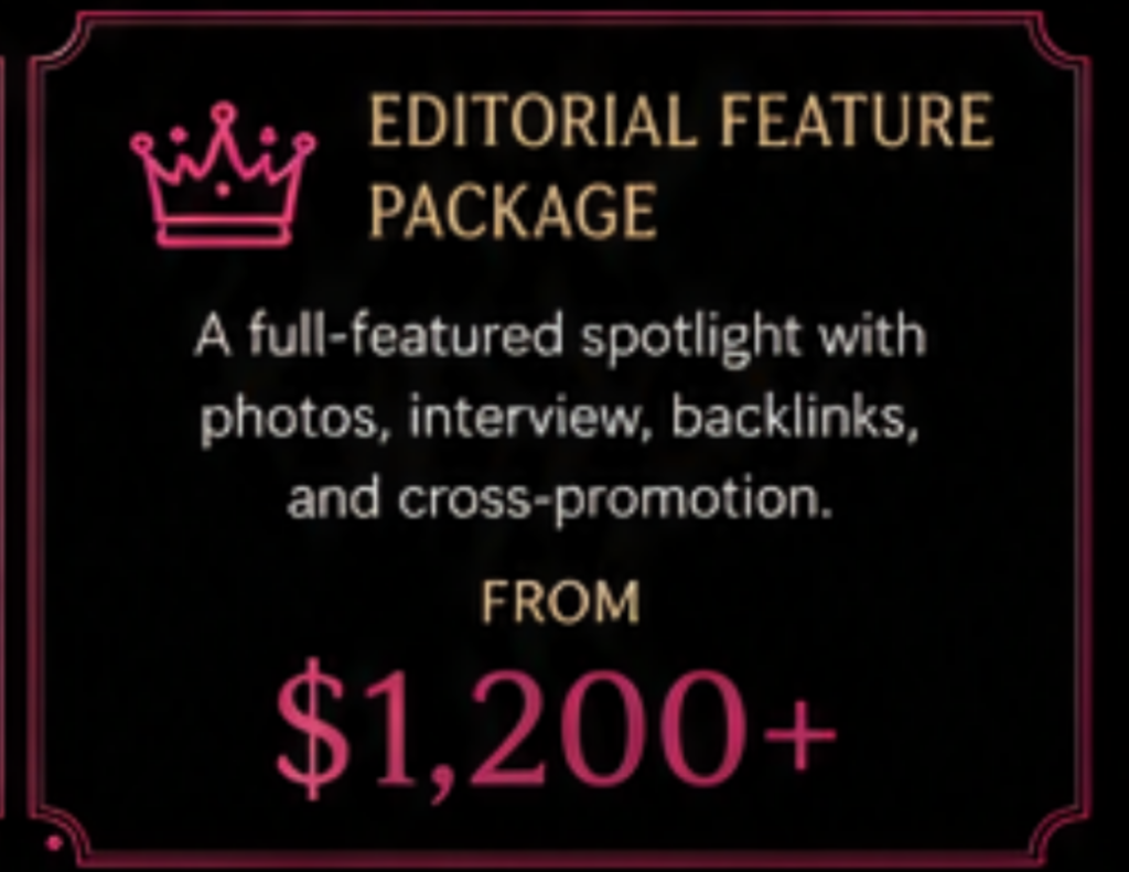 Chicago business advertising package graphic with neon pink crown icon promoting editorial feature package with photos, interview, backlinks, and cross-promotion on Burlesque Chicago.