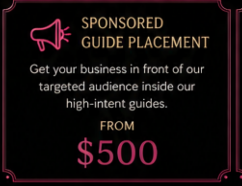 Chicago sponsored advertising graphic with neon pink megaphone icon promoting sponsored guide placement for businesses inside high-intent Chicago nightlife and burlesque guides.