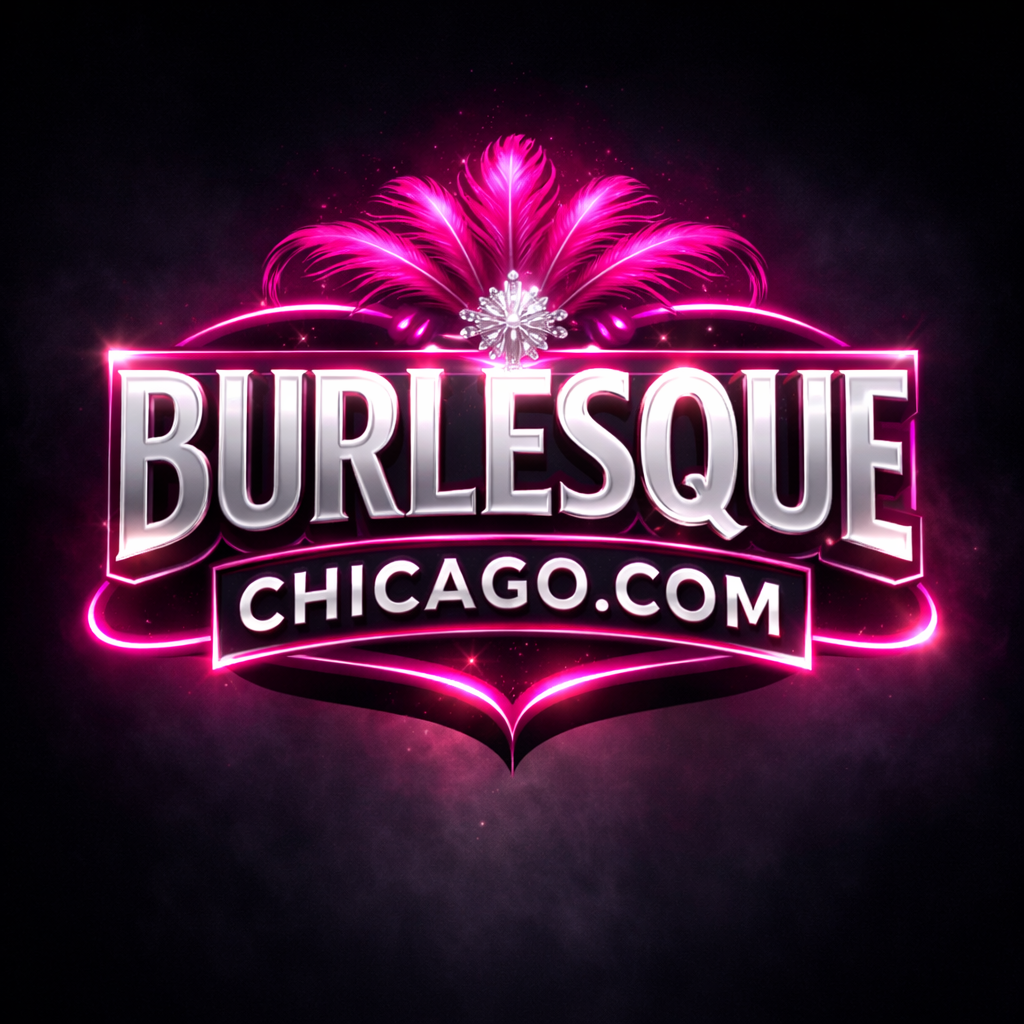 Burlesque Chicago logo with metallic silver lettering, pink neon glow, feather plume, and glamorous cabaret styling