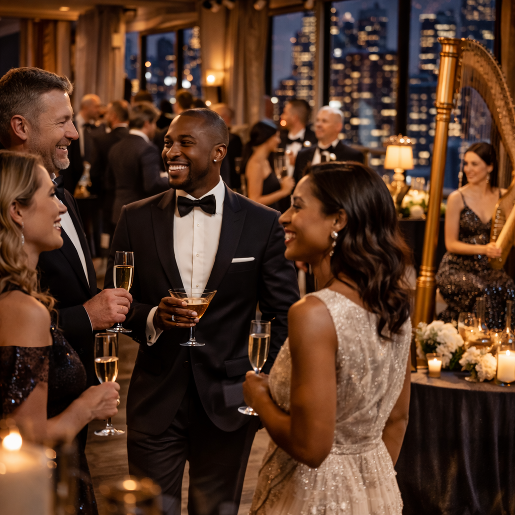 Elegant guests enjoying custom event entertainment in Chicago with skyline views, cocktails, and live upscale atmosphere