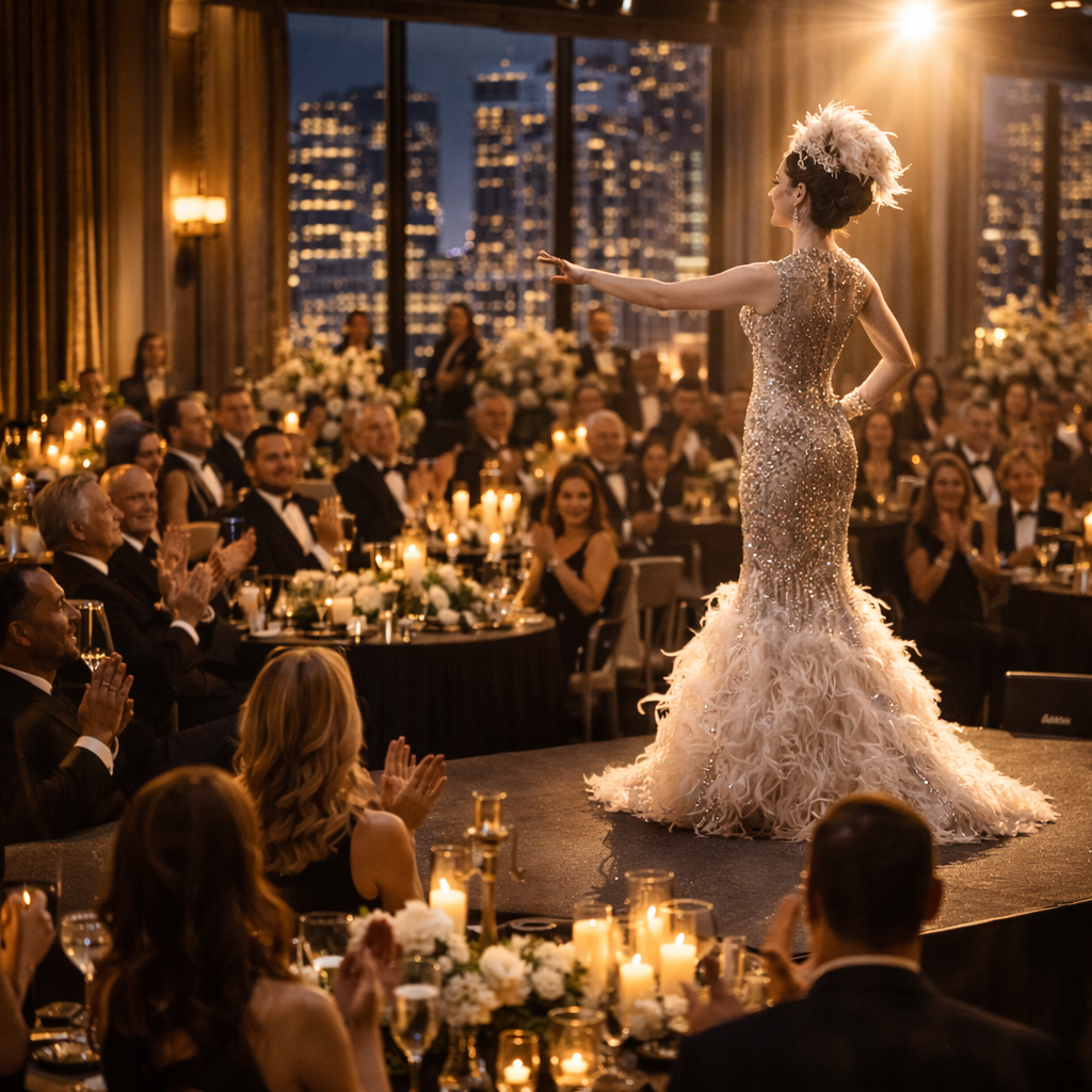 Performer entertaining guests at a Chicago corporate holiday party with elegant ballroom crowd