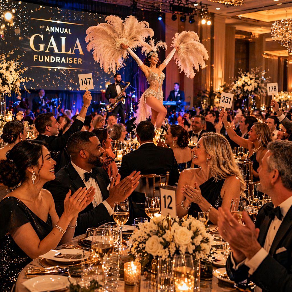 Guests mingling with live performers during immersive event entertainment in Chicago