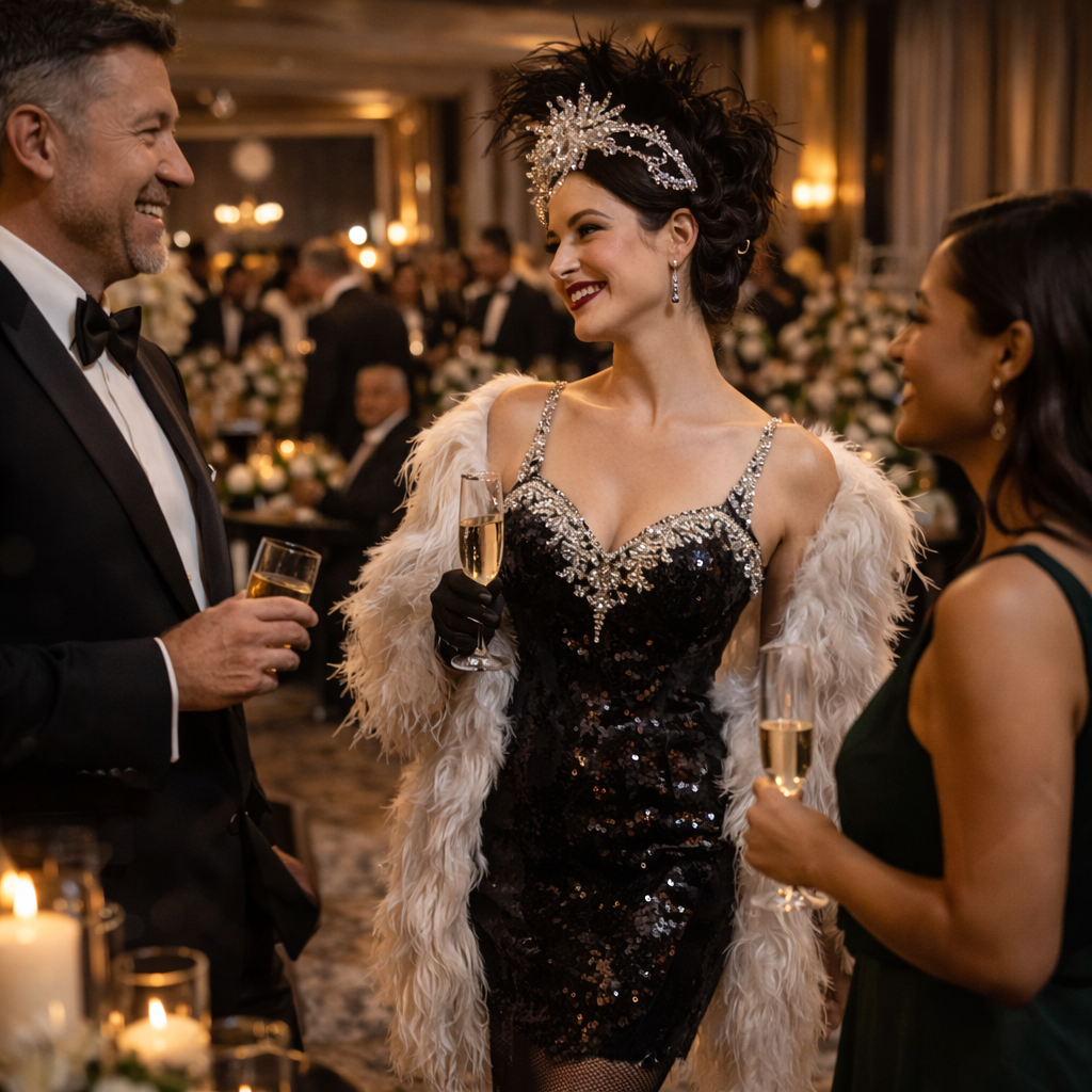 Luxury ballroom entertainment in Chicago with live performer on stage and applauding gala guests