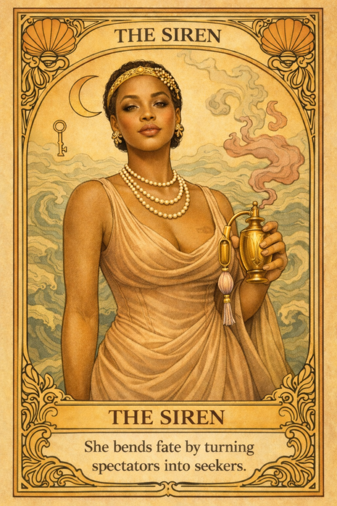 Midnight Confession tarot card featuring Sylvia Sable as The Siren in glamorous burlesque styling with dramatic vintage lighting and seductive cabaret energy.