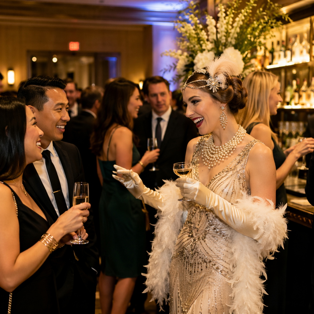 Burlesque performer entertaining guests at a private Chicago event with luxury cocktail atmosphere