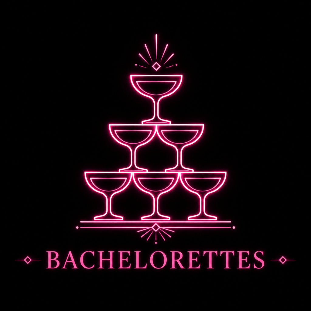 Neon pink champagne tower icon for upscale Chicago burlesque bachelorette parties and private nightlife celebrations.