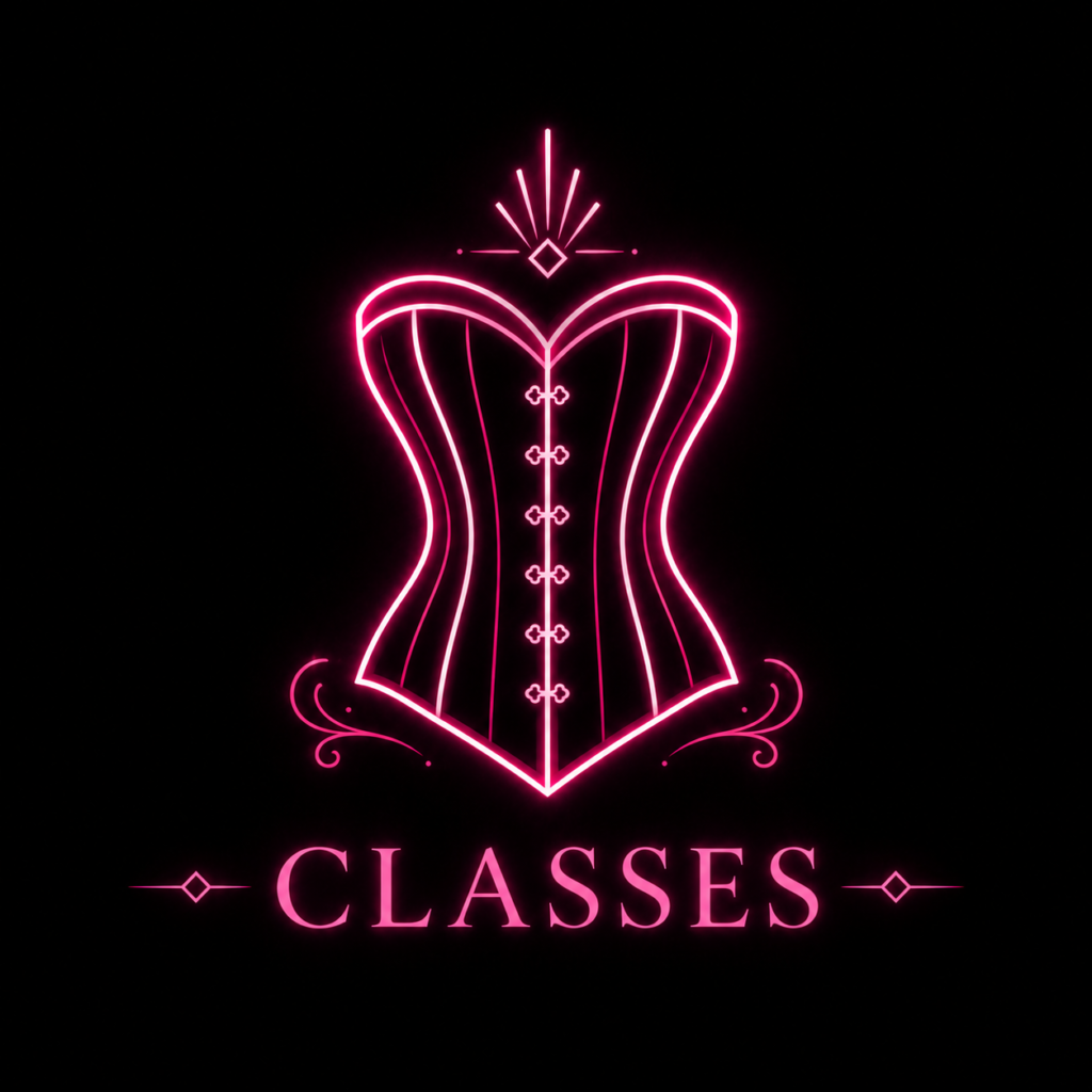 Neon pink corset icon representing Chicago burlesque classes, confidence training, and performance workshops.