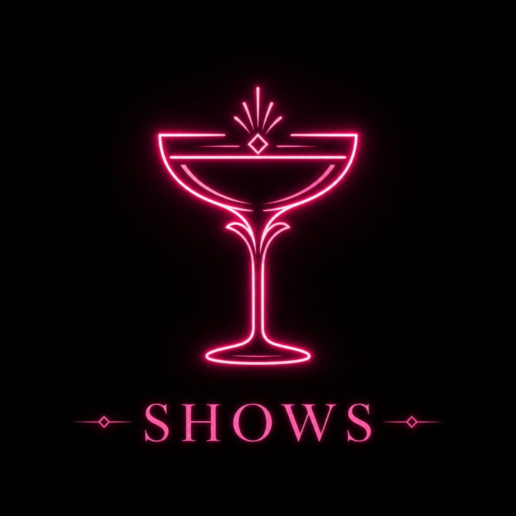 Neon pink martini glass icon for Chicago burlesque shows and cabaret nightlife experiences on a black background.