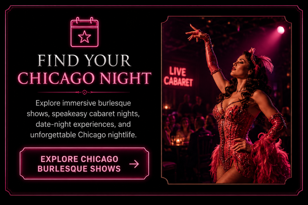 Chicago burlesque performer inside immersive speakeasy cabaret nightlife experience promoting live Chicago burlesque shows and date night entertainment