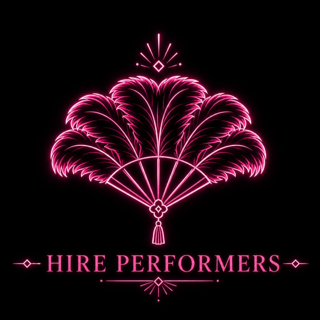 Neon pink feather fan icon representing Chicago burlesque performers available for private events and entertainment bookings.