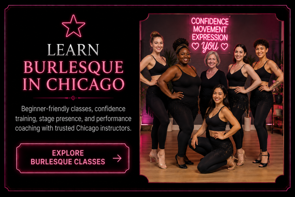 Women participating in beginner-friendly Chicago burlesque classes focused on confidence movement stage presence and self-expression