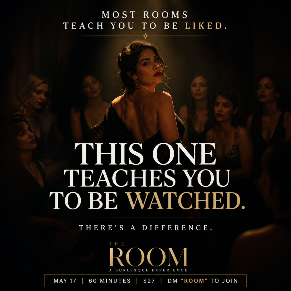Woman stepping confidently into a cinematic noir-inspired room during a live burlesque-inspired confidence and presence experience in Chicago