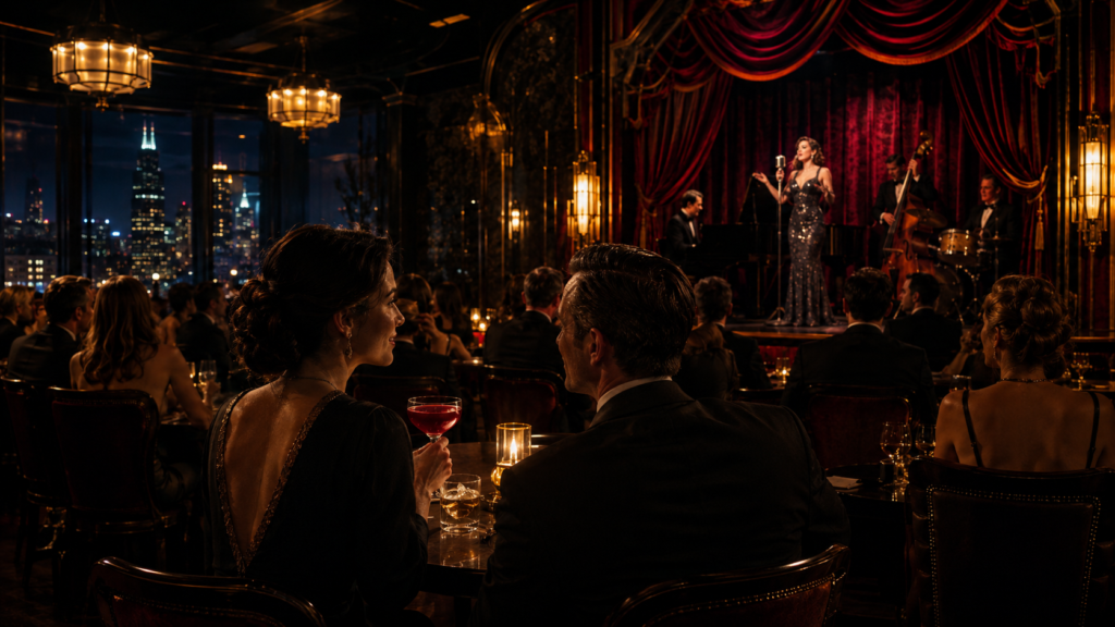 Burlesque performer and live jazz band entertaining guests inside an elegant Chicago supper club  