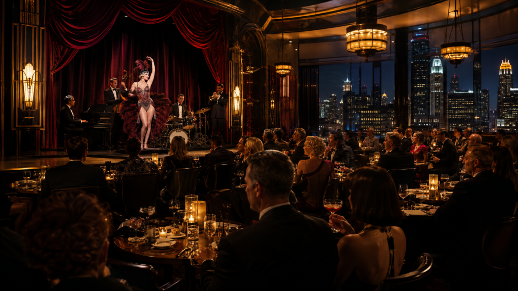 Couple enjoying cocktails and live cabaret music during an intimate Chicago date night