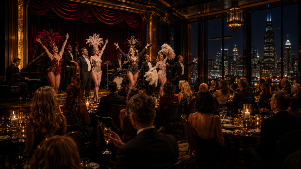 Professional cabaret and burlesque performers entertaining guests at an upscale Chicago private event