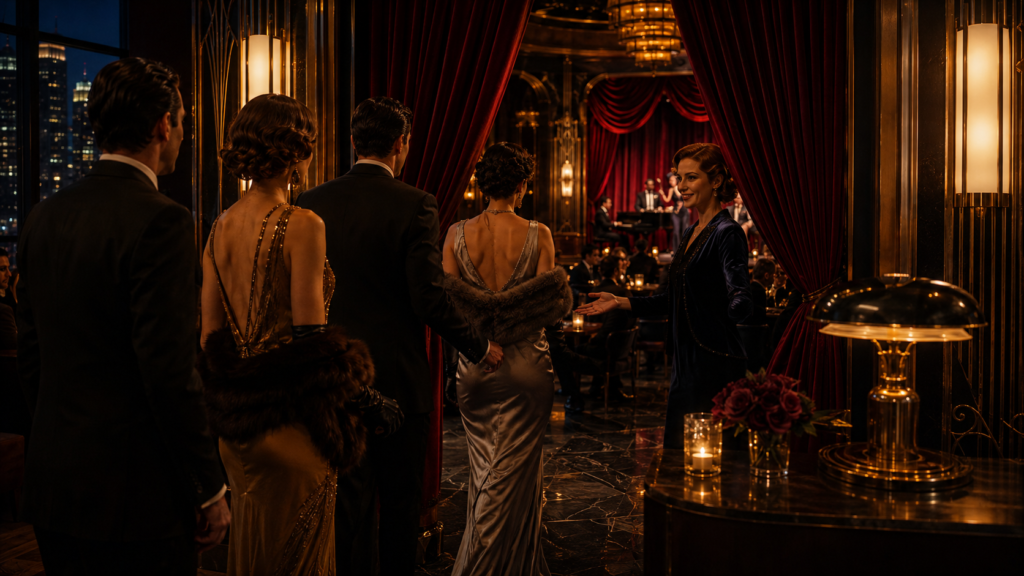 Well-dressed guests arriving for an elegant Chicago cabaret and supper club evening