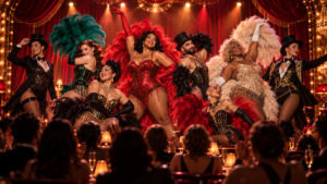 Burlesque cabaret show with diverse cast performing for a live audience