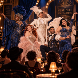 Art deco Chicago cabaret cast posing onstage in elegant costumes and feathered showwear
