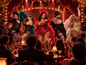 Modern burlesque show with diverse performers under stage lights