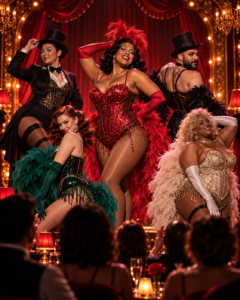 Live burlesque show with diverse performers in sequined costumes and feathered stagewear