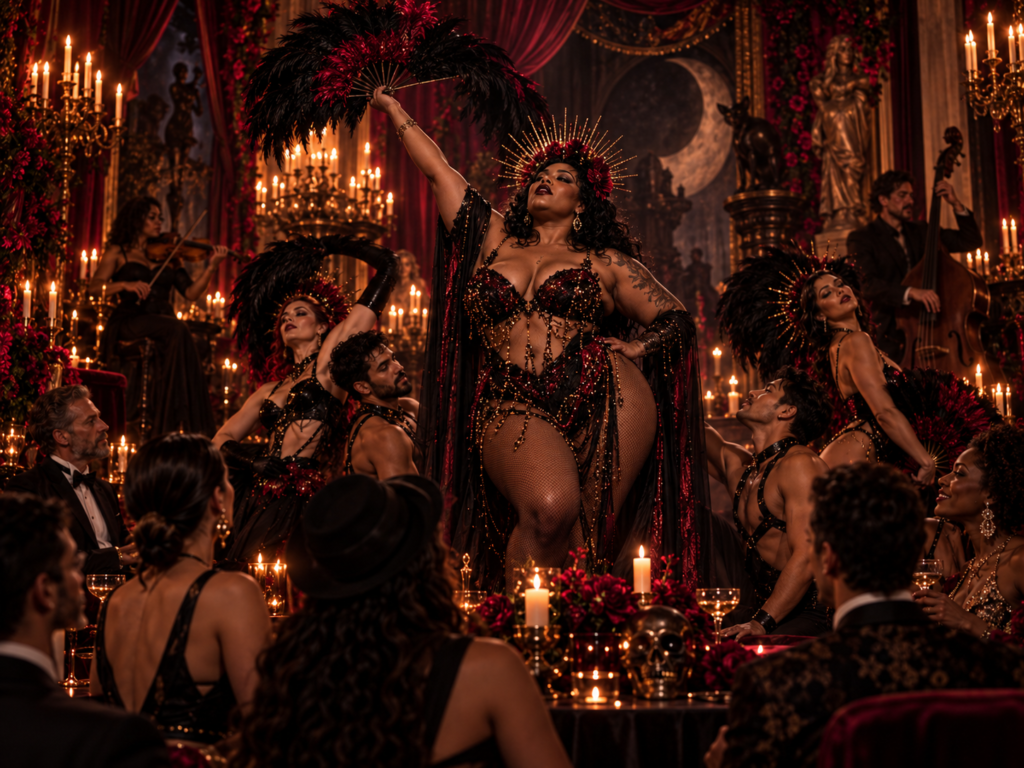Dark theatrical Halloween cabaret with gothic performers, candlelight and immersive audience atmosphere