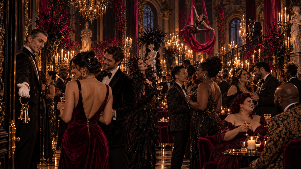 Chicago burlesque performers onstage in a glamorous cabaret with audience members watching from intimate tables