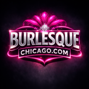 Burlesque Chicago logo with metallic silver lettering, pink neon glow and feather plume